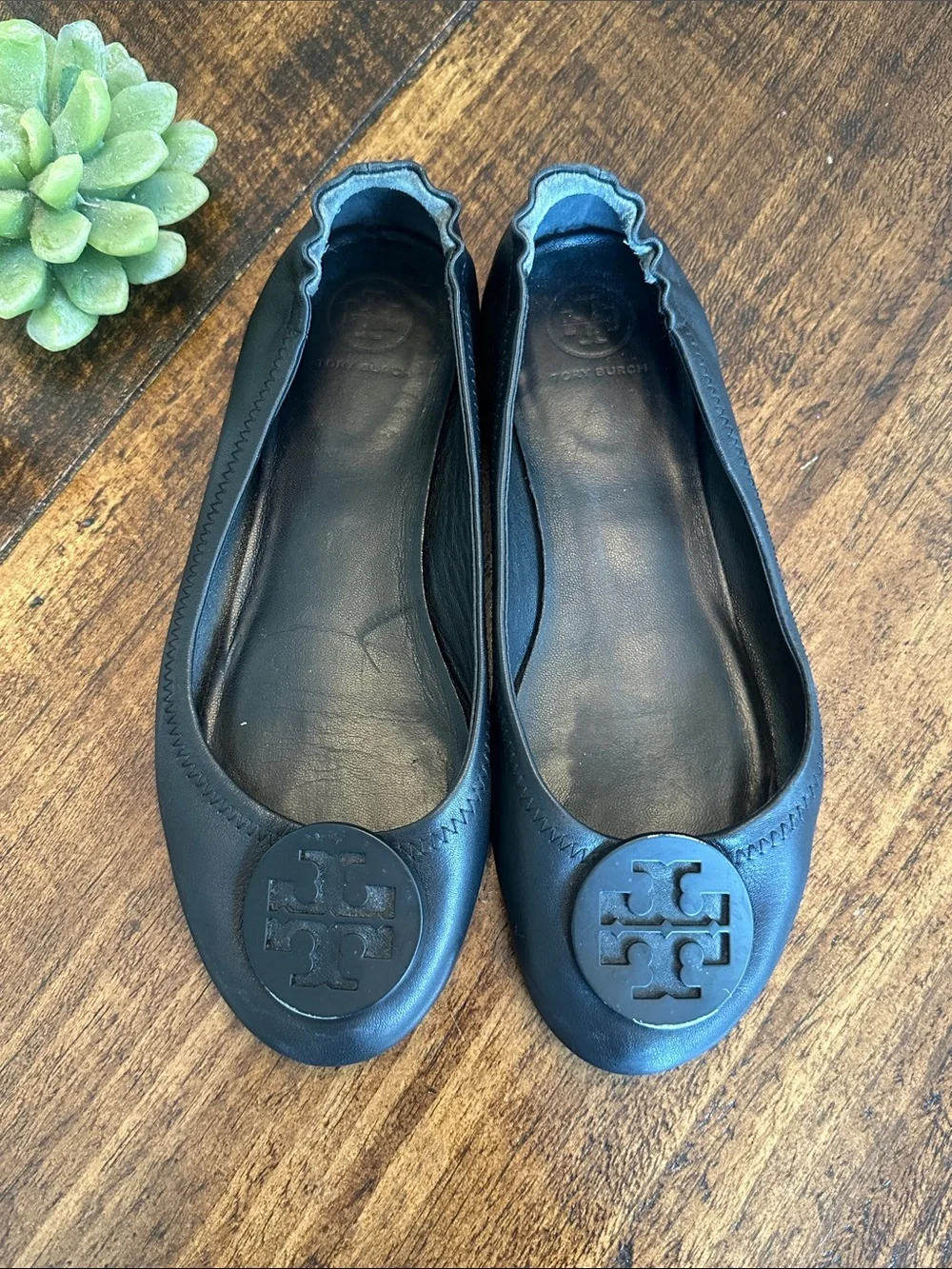 Tory Burch | Minnie Travel Ballet Flats Black Leather Tonal Logo, Size 7.5